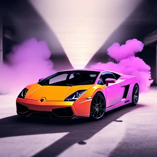 Prompt: A orange Lamborghini Gallardo car drifting futuristic a black room reflection background purple pink colour smoke  4k