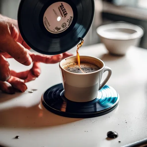 Prompt: a vinyl record melting into a cup of coffee
