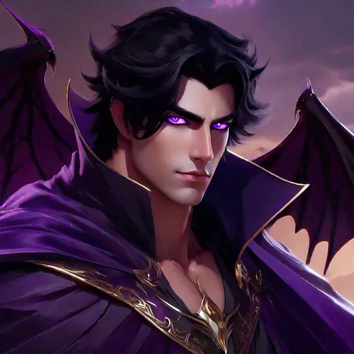 Prompt: Desmosin (male, black hair, purple eyes) wearing a cape, as a demon