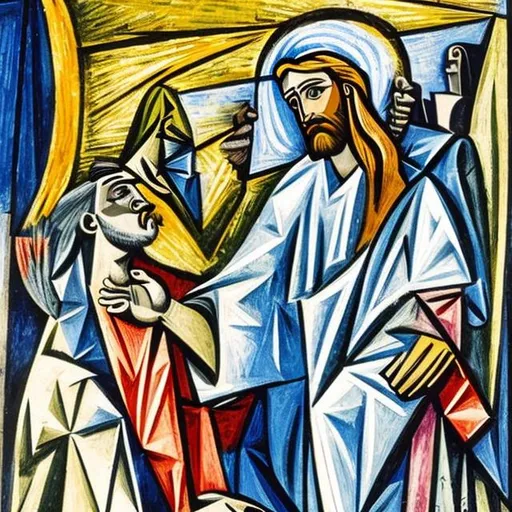 Prompt: st. paul receiving a vision of jesus christ in the style of picasso