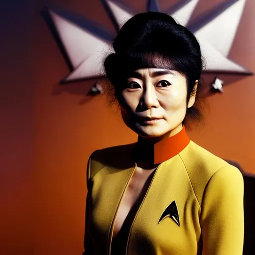 Prompt: A photographic portrait of Yoko Ono, wearing a Starfleet uniform, with a Star Trek background, in the style of the "Star Trek: The Wrath of Kahn."