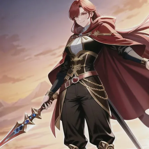 Prompt: a tall muscular warrior girl, with fancy red hair, with alabaster complexion, with big red eyes, looking happy and excited, wearing a plain traveling cloak, wearing fancy noble clothes and pants, wearing tall black boots, holding a thin ornate sword, wearing a gold ring