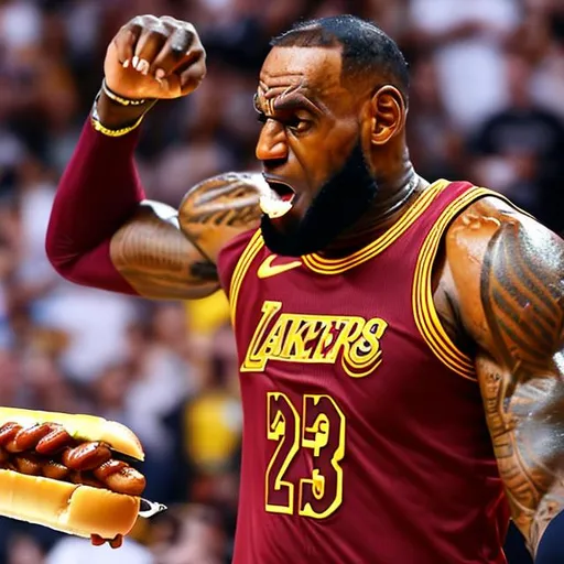 Prompt: lebron james flying while eating a hot dog