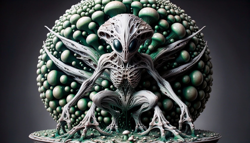 Prompt: an alien creature is standing in the picture, in the style of extremely detailed art, spherical sculptures, brushwork exploration, dark white and green, flickr, bronze playfulness, mushroomcore