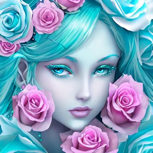 Prompt:   a fairy goddess, shades of  aqua blue and pink, roses, closeup