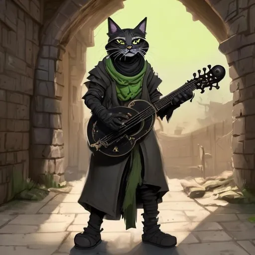 Prompt: A black tabaxi bard dressed in a black dirty suit with a flat cap with bright green eyes with a lute

