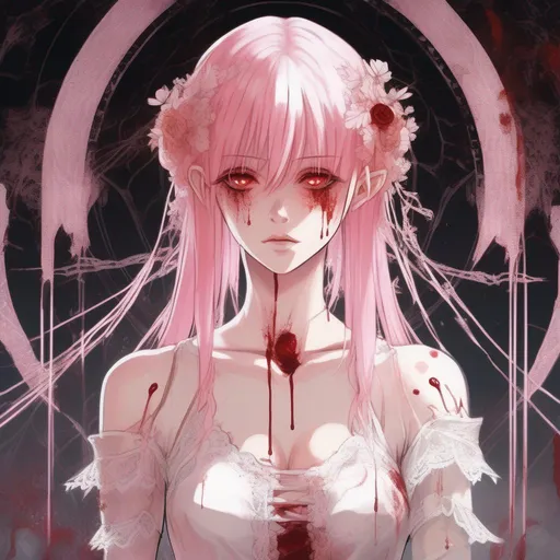 Prompt: Diclonius with pale pink hair, wearing a blood-stained white lace dress, surrounded by phyrexian blood and sinew, ghostly hands behind her, insane, elfen lied art