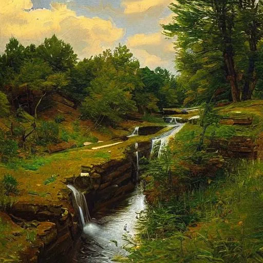 Prompt: A detailed Wisconsin landscape with a stream in the style of Peder Mork Monsted