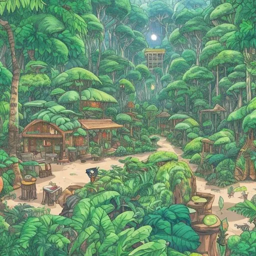 Prompt: A Ghibli style lush jungle campground