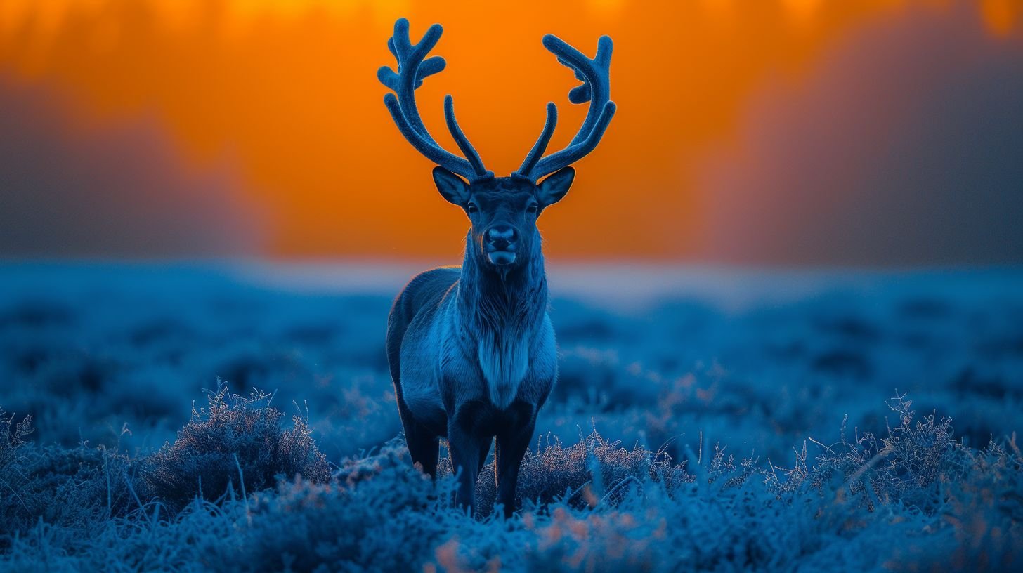 Prompt: majestetic blue tinted reindeer standing in a blue tinted landscape with a orange tinted sky