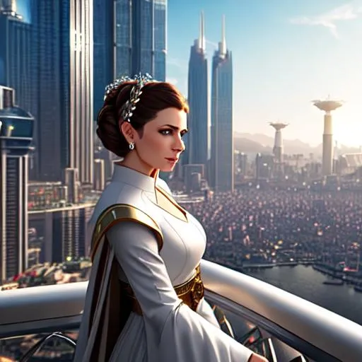 Prompt: Regal General Leia ruling over a futuristic city, on top a balcony looking down on a crowd, regal, powerful, sophisticated, sleek, realistic, intricate details