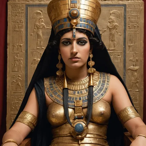 Prompt: In the throneroom of the royal palace of the Ptolemaic Empire about 250 BCE. Sitting on her throne is a full length  50 year old  Ptolemaic Empress. She is wearing royal  Ptolemaic clothing. She has black  Ptolemaic hair, brown eyes, a small nose and a full mouth. She is wearing  Ptolemaic make-up and face and body jewellery.