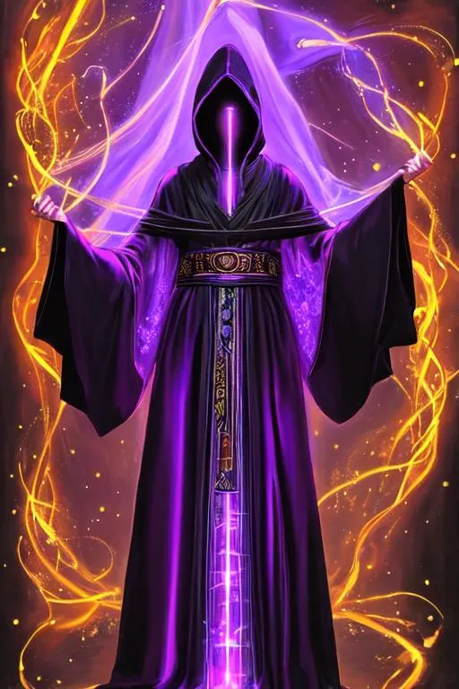 Prompt: oil painting, faceless human , with glowing purple skin, it wares a black short sleeved robe with a hood over its head, mummy wrappings are under the robe and can be seen on its arms, it stands casting a purple electrical power, cosmic background