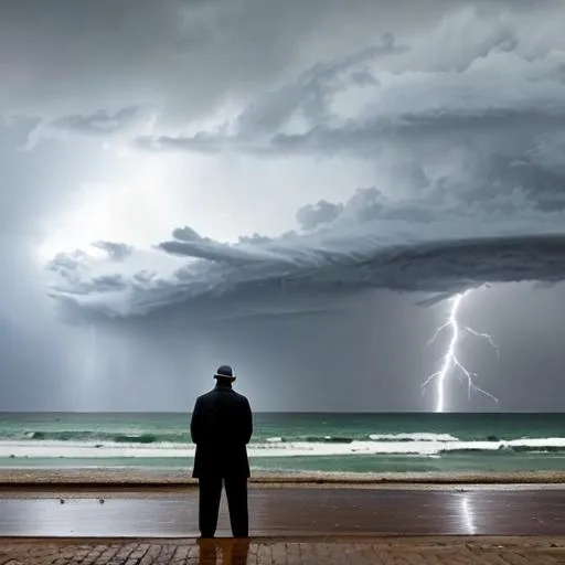 Prompt: A man waiting by the sea while a storm approaches the coast. It's rainy, windy and you can see thunder.
