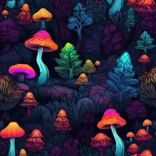 Prompt: Colorful Mushroom in a dark forest, smoke, trippy