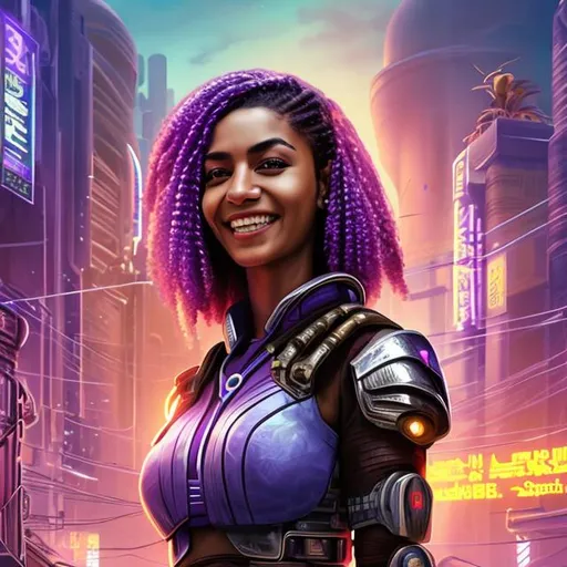 Prompt: attractive hot late-twenties african egyptian woman female, brown skin, smile, spiked purple haircut, government uniform, tropical south pacific island, cyberpunk, portrait, realistic details, photorealistic, 8k render, cinematic lighting, ultra detailed
