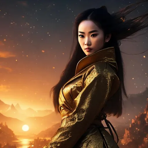 Prompt: create best quality photograph of beautiful female ninja who is wearing all gold ninja style robes,  night and beautiful sky as background, detailed face, extremely detailed environment, extremely detailed background, extremely detailed skin, extremely detailed clothing, natural colors , professionally color graded, photorealism, 8k, realistic, moody lighting, galactic environment, volumetric lighting