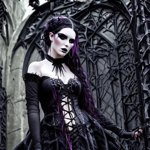 Prompt: evil enchantress, gothic, braided hair, glamorous black dress and heels, thorns