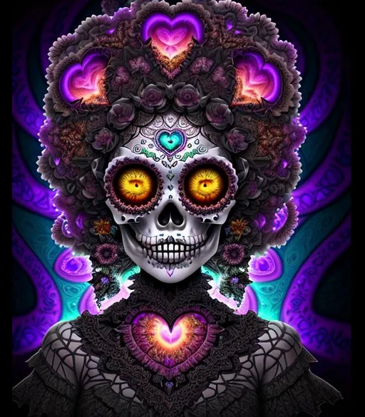 Prompt: Dark, Tropical 3D HD Mandelbrot Julia Fractal ({Celtic}Sugarskull freeform psychedelic chaos ultra HD, digital painting,  plasma {heart}sunset background, uber detailed, 64k, high quality, sharp focus, studio photo, intricate details, highly detailed --s98500