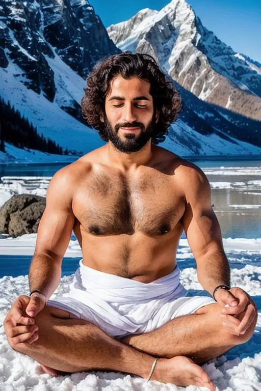 Prompt: full body portrait of a handsome rugged kashmiri hunk, "sunlit kailash mountain", hippy dhoti, "lost in god", meditating, "hyperreal detailed face","closed eyes", calm smile, snow, hyperreal, side angle, white, detailed, hyperreal, sitting, arena, perfect composition, hyperrealistic, super detailed, 8k, high quality, trending art, trending on artstation, sharp focus, studio photo, intricate details, highly detailed, by greg rutkowski

