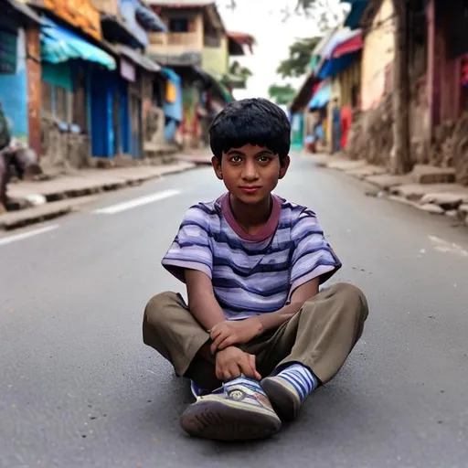 Prompt: A boy sitting in the road 