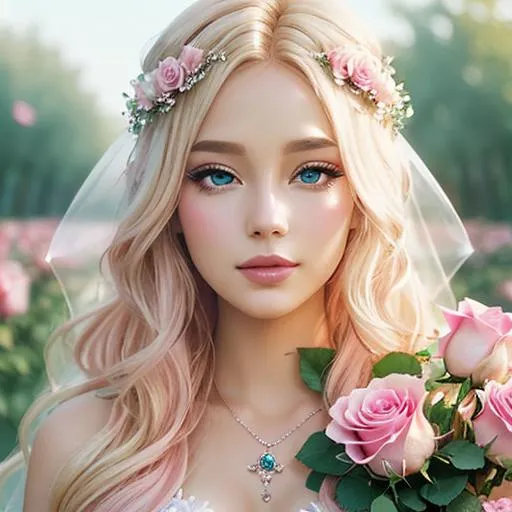 Prompt: fairy , ethereal beauty, blonde, dreamscape, pink roses, facial closeup