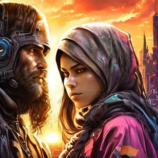 Prompt: Beautiful face, a man and a woman journey in faith against an evil world, cyberpunk, sunset, sunrise