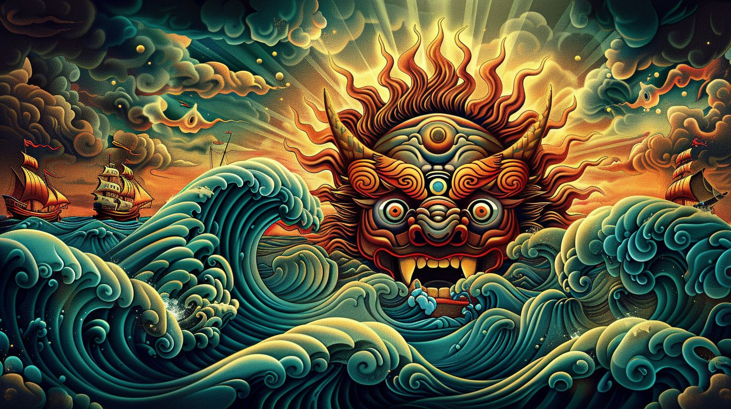 Prompt: An illustration of the sun god with fierce eyes and an open mouth, surrounded by swirling sea waves. A dragon emerges from the water above, with ships sailing in distant waters. Vibrant colors and intricate patterns appear on clouds. The style is inspired by traditional Chinese art, with detailed line work, high contrast, bright lighting, and ornate textures. --ar 16:9 --sref https://s.mj.run/9MRTBvrhgsM --stylize 250