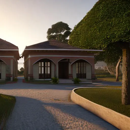Prompt:  French colonial houses with modern congolese architecture inspiration, volumetric natural light, ultra realistic, vray, far view, perspective landscape
