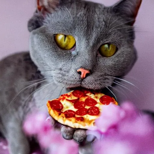 Prompt: A gray cat with big eyes, eating pepperoni pizza in a lilac garden