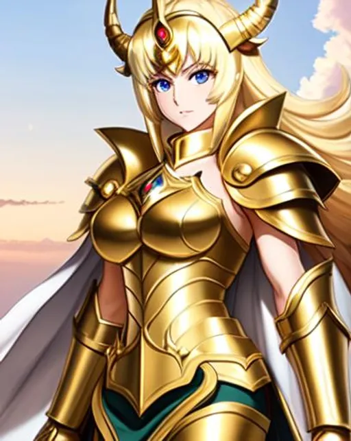 Prompt: female, capricorn golden saint, saint seiya, shainy brilliant cloth armour, heroic pose, big chest