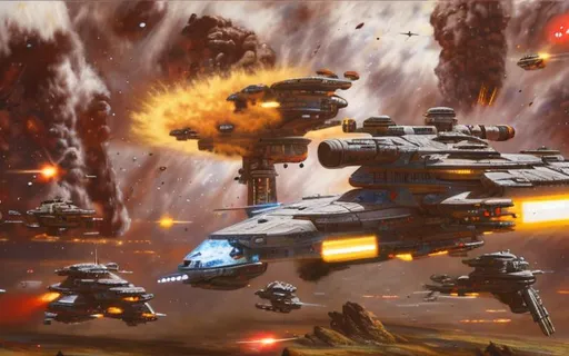 Prompt: phaser, dead, battle, action, war, spaceship, wreck, oil painting, hd quality, UHD, hd , 8k, hyper realism, panned out view resolution, spaceman, ancient, laser, explosion, many colours, spacewar, saucer, ice planet, rotting, rust, pew pew, beam, fire, explosion, dead planet, firepower, robots, zombies,