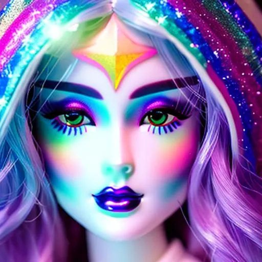 Prompt: White prism, cosmic,etherial, fairy, goddess of light Barbie doll face , rainbow colors , facial closeup