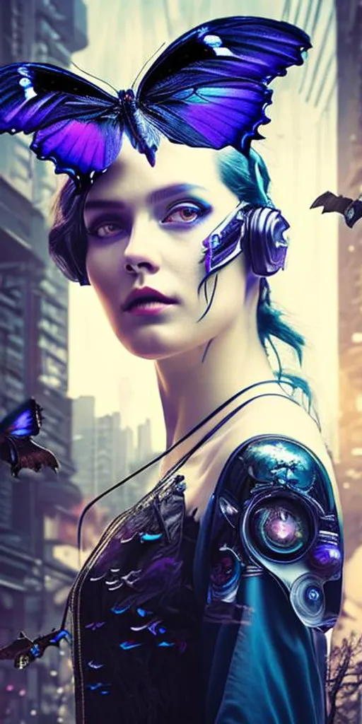 Prompt: Ultra realistic, cyberpunk art nouveau style photo picture using uploaded image with dark blue butterfly's and ravens in background, digital art 