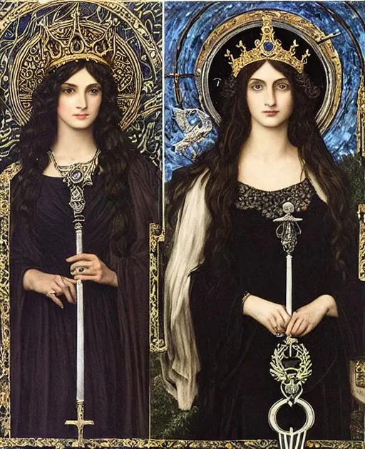 Prompt: hecate in the style of =>art pre-raphaelite, =>portrait, =>beautiful face and clear eyes, =>holding one lit torch in one hand,=> skeleton keys in one hand,=>silver rayed crown on her head, =>cresent moons, =>owls, =>wearing black dress, =>standing at a crossroads