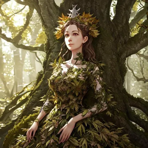 Prompt: woman wearing dress made of leaves with a crown of branches standing in a clearing in a forest. perfect composition, anime, super detailed, 8k, high quality, trending on artstation, sharp focus, studio photo, intricate details,
