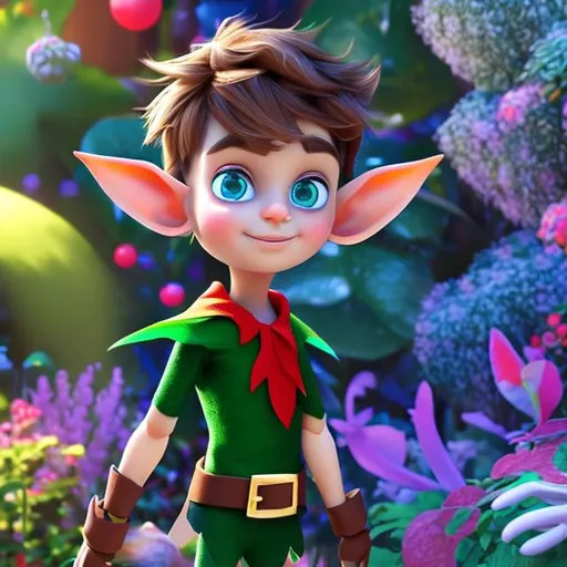 Prompt: Modern, Peter Pan, smooth skin, handsome and cute, big eyes, elf face,  with bright blue stylish outfit, in amaze garden.