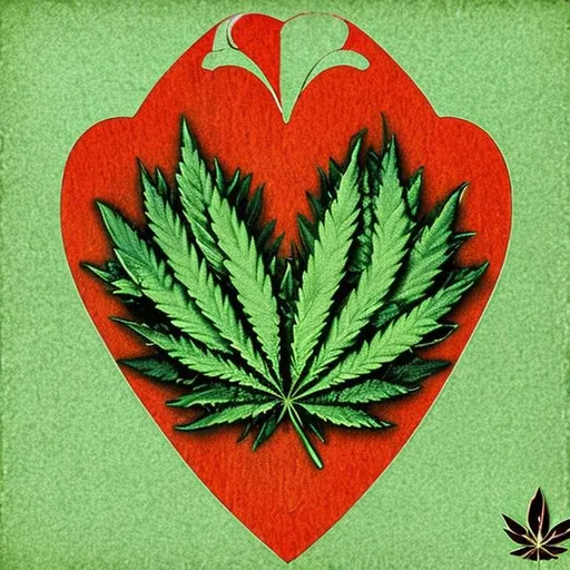 Prompt: marijuana leaf on a queen of hearts card, art, design, soft green, logo
