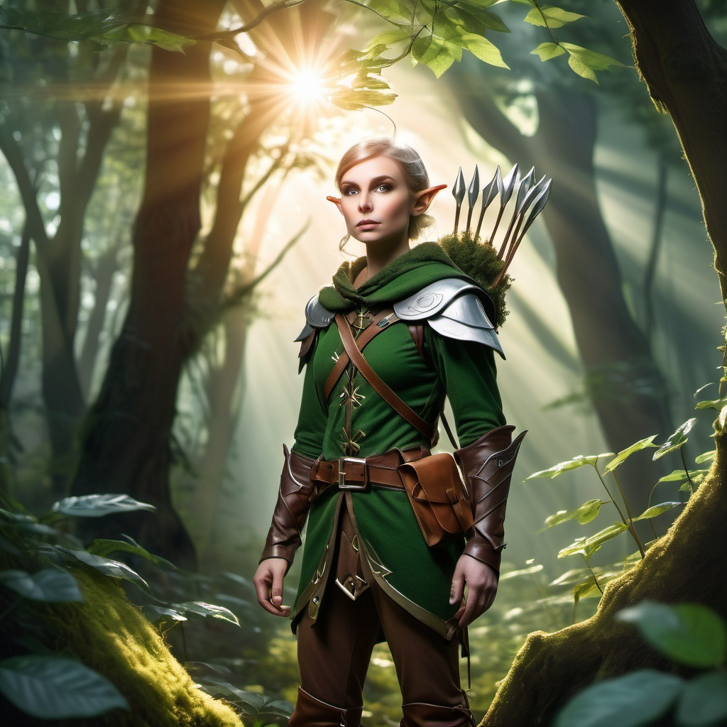 Elf ranger in a mystical forest around sunlight