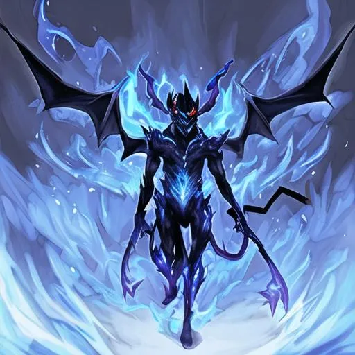 Prompt: Demon walking through blue flames in the dark light 

