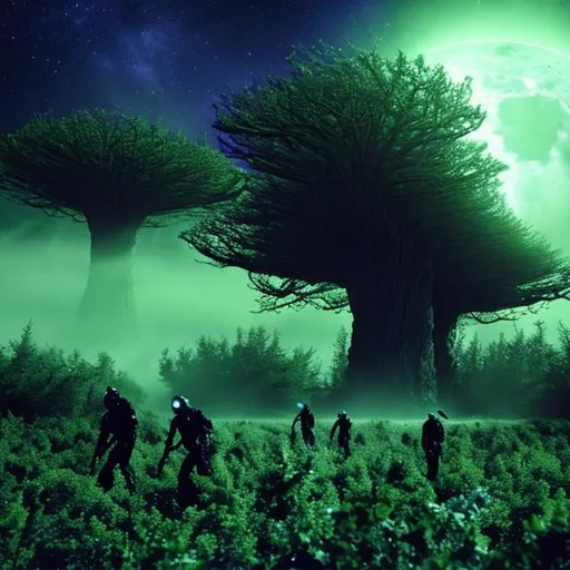 Prompt: Aliens clearing trees in an alien forest, in the style of Star Trek. {Star Trek: The Next Generation}