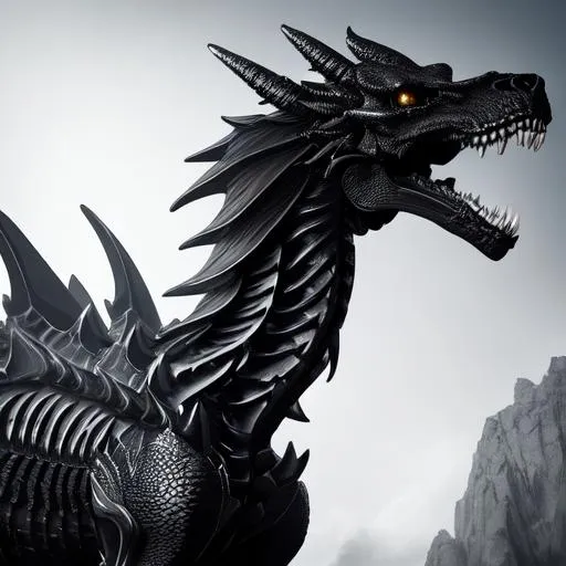 Prompt: Portrait of a roaring black skeleton dragon with white skeletal markings, perfect composition, hyperrealistic, super detailed, 8k, high quality, trending art, trending on artstation, sharp focus, studio photo, intricate details, highly detailed