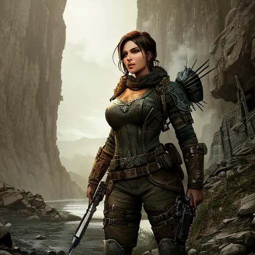 Prompt: Fallout warrior princess braving dangerous terrain in quest for survival, fierce, tenacious, atmospheric, haunting, realistic, intricate details, portrait