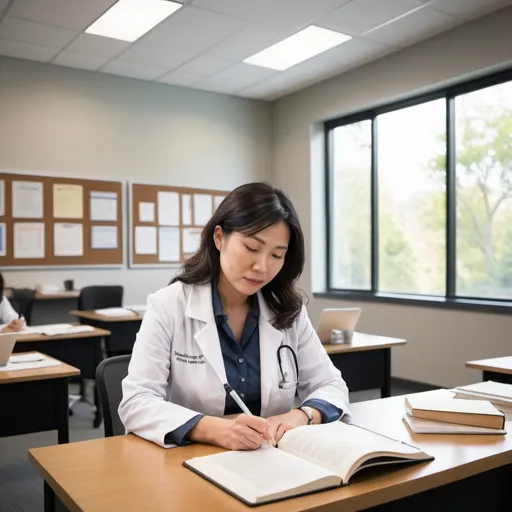 Prompt: Here’s a photorealistic photo description for "The Reflective Adult Learner" module:

A professional and serene office environment serves as the backdrop. In the foreground, there is a middle-aged Asian woman, dressed in a white lab coat, sitting at a modern wooden desk. She is engaged in studying a large, open textbook labeled "The Reflective Adult Learner". Nearby on the desk, there’s a digital tablet displaying interactive activities, and a notebook opened to a page with notes and reflective questions. The room is well-lit, with soft natural light filtering through a window, highlighting a bookshelf filled with medical and veterinary books. On the wall, there's a framed diploma and a motivational poster related to lifelong learning in veterinary practice. The scene conveys a sense of calm and focused professional growth.
