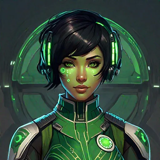 Prompt: A green skinned scifi female mandalorean cyborg. she has short black hair. mandalorean uniform. she has green skin. Handsome. well drawn face. detailed. star wars art. 2d art. 2d