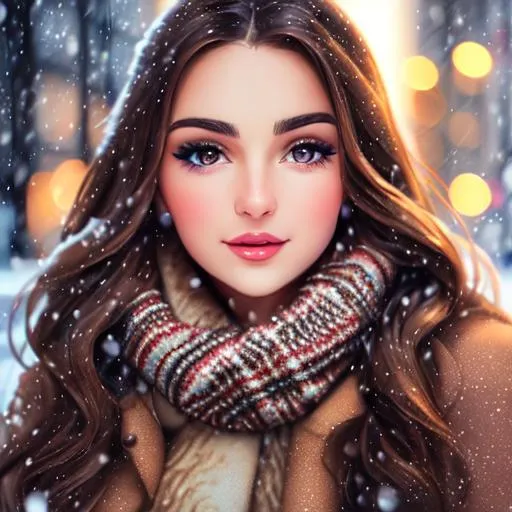 Prompt: professional portrait photograph of a gorgeous fat italian girl in winter clothing with long wavy brown hair, sultry flirty look, gorgeous symmetrical face, cute natural makeup, wearing elegant warm winter fashion clothing, ((standing outside in snowy city street)), stunning modern urban environment, ultra realistic, concept art, elegant, highly detailed, intricate, sharp focus, depth of field, f/1.8, 85mm, medium shot, mid shot, (((professionally color graded))), bright soft diffused light, (volumetric fog), trending on instagram, hdr 4k, 8k