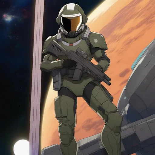 Prompt: Seen from distance. Whole body. Full figure. An african scifi soldier in olive green armor. He has a Destiny 2 helmet. In background earth from the space. 
He wields a rifle. In background a scifi station in space. Anime. Rpg art. Akira art. 2d art. 2d. 