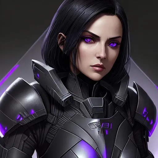 Prompt: A woman with {black} hair and {purple] eyes wearing armor {Mass effect vibe} 