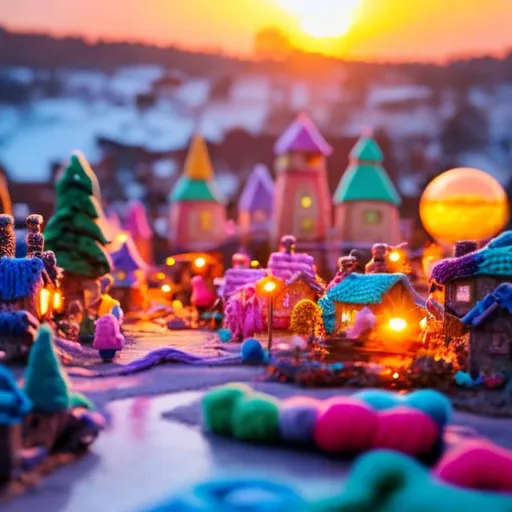 Prompt: Sunset over imaginary toy village made of colorful yarn