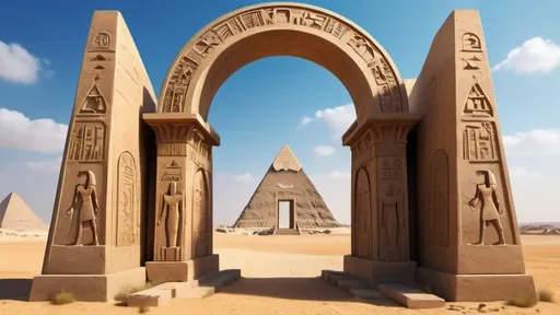 Prompt: circular portal, gateway between cities realms worlds kingdoms, ring standing on edge, freestanding ring, hieroglyphs on ring, complete ring, obelisks, egyptian architecture, panoramic view